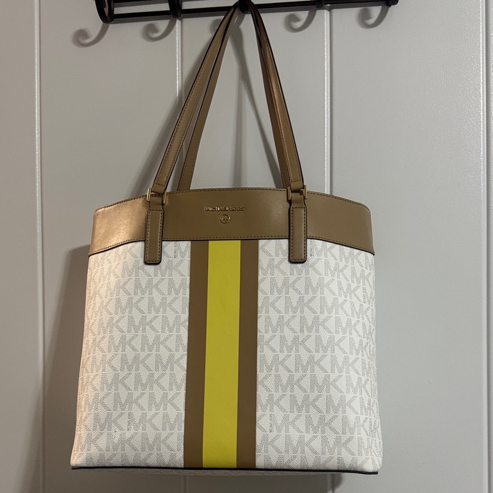 Michael Kors White and Brown Tote with Yellow Accent